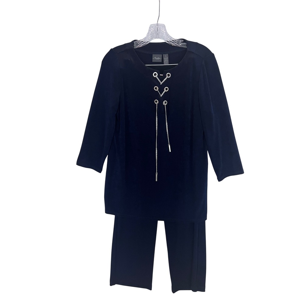 Travelers by Chicos Navy Blue Ribbed Knit Tunic and Pants Set Size 1 M Lace Up